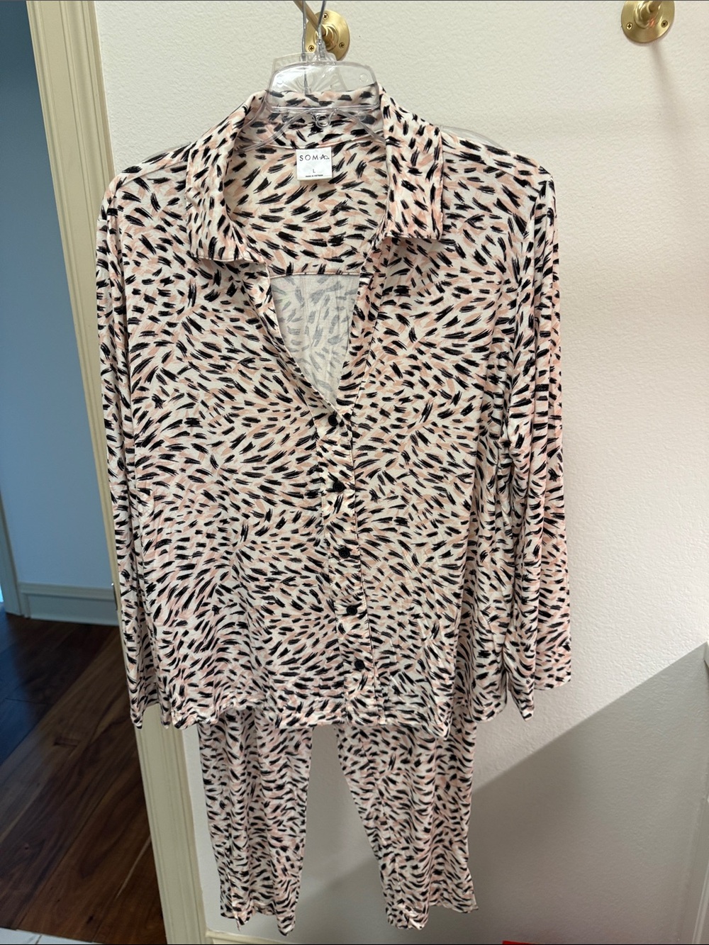 Soma Pink and Black Feather-Print Pajama Set
